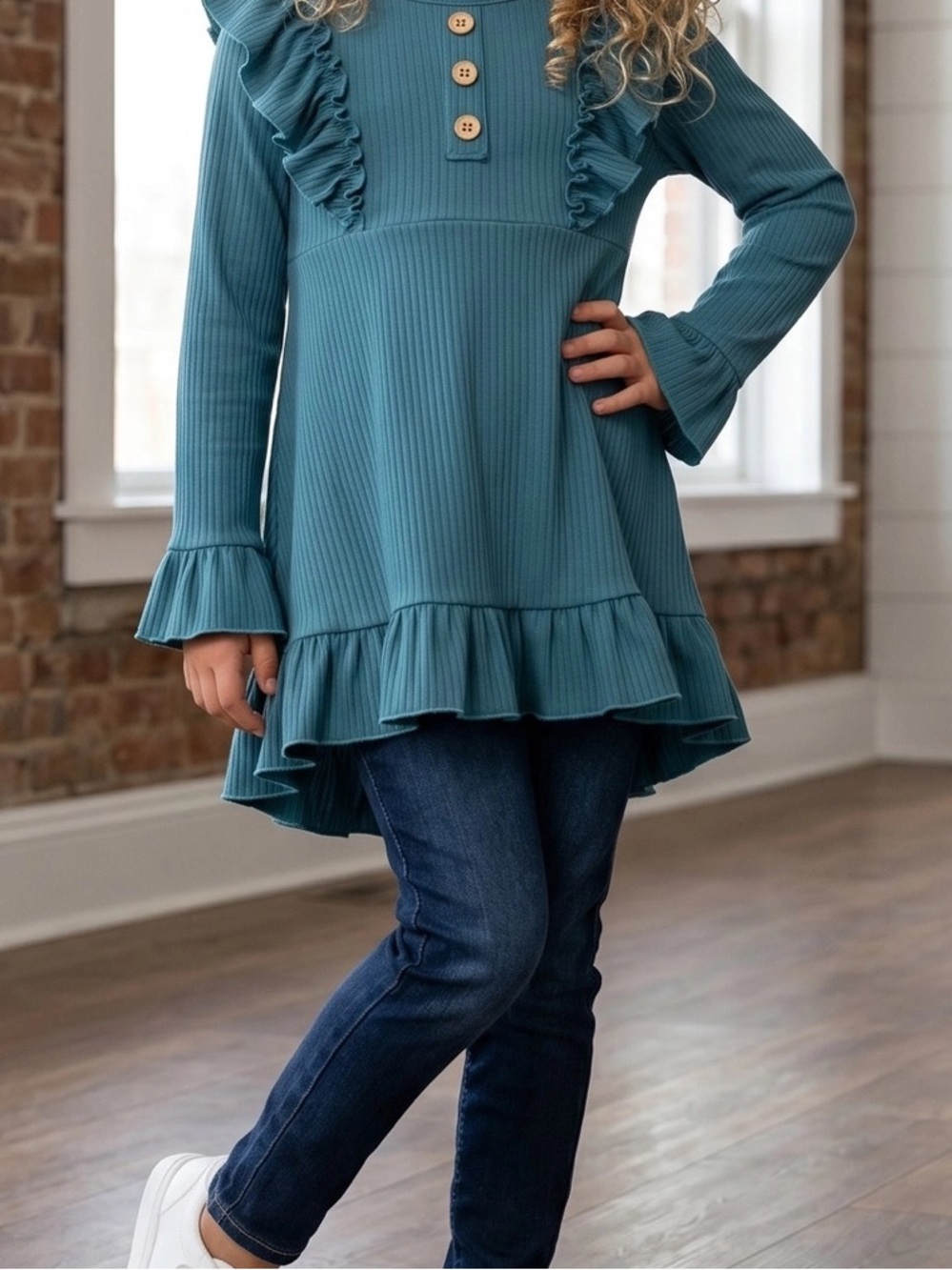 Girls Teal Ruffle Long-Sleeve Tunic Top